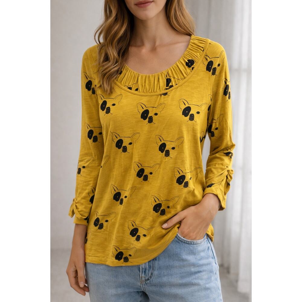 ANTHROPOLOGIE | French Bulldog Graphic Top Yellow Dog Print Scoop Neck Tee | XS - Picture 2 of 8